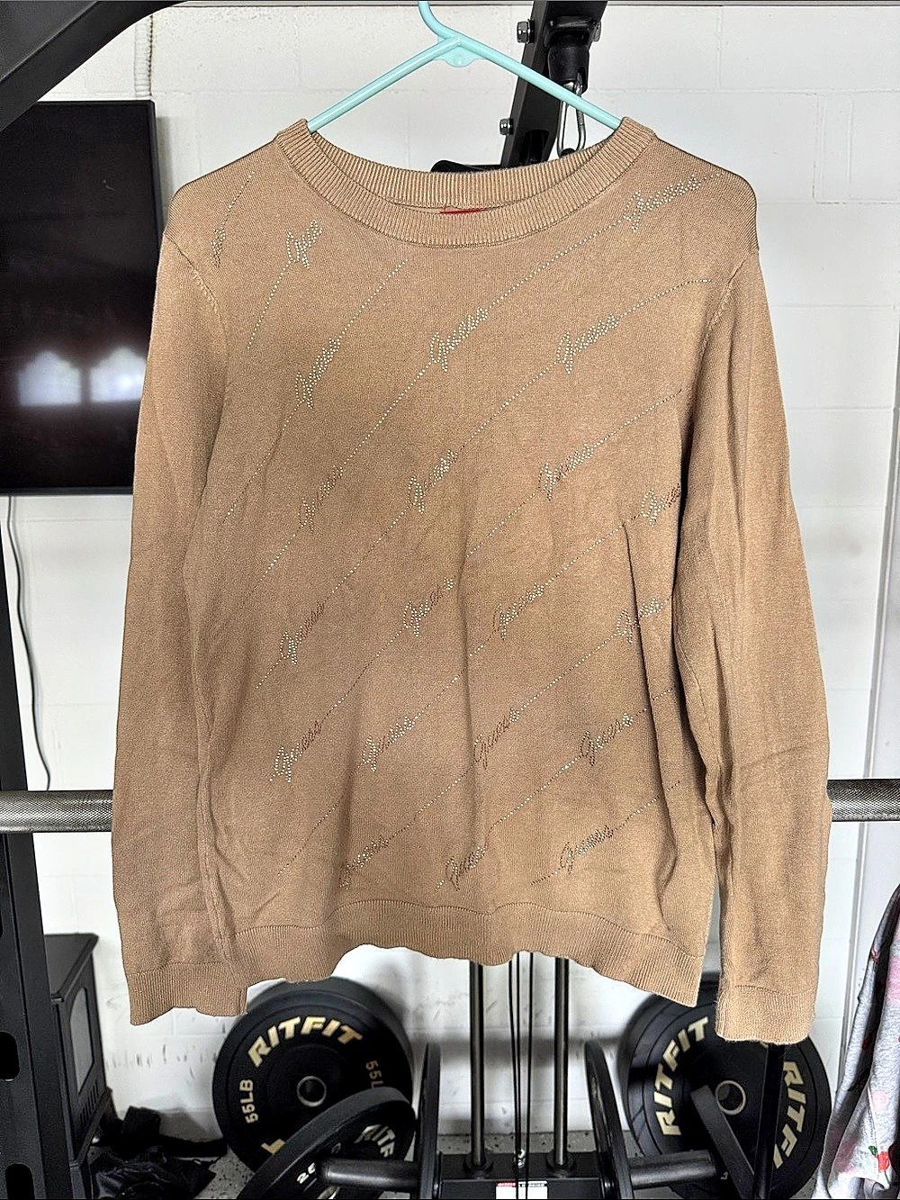 GUESS Embellished Crewneck Sweater Brown XL